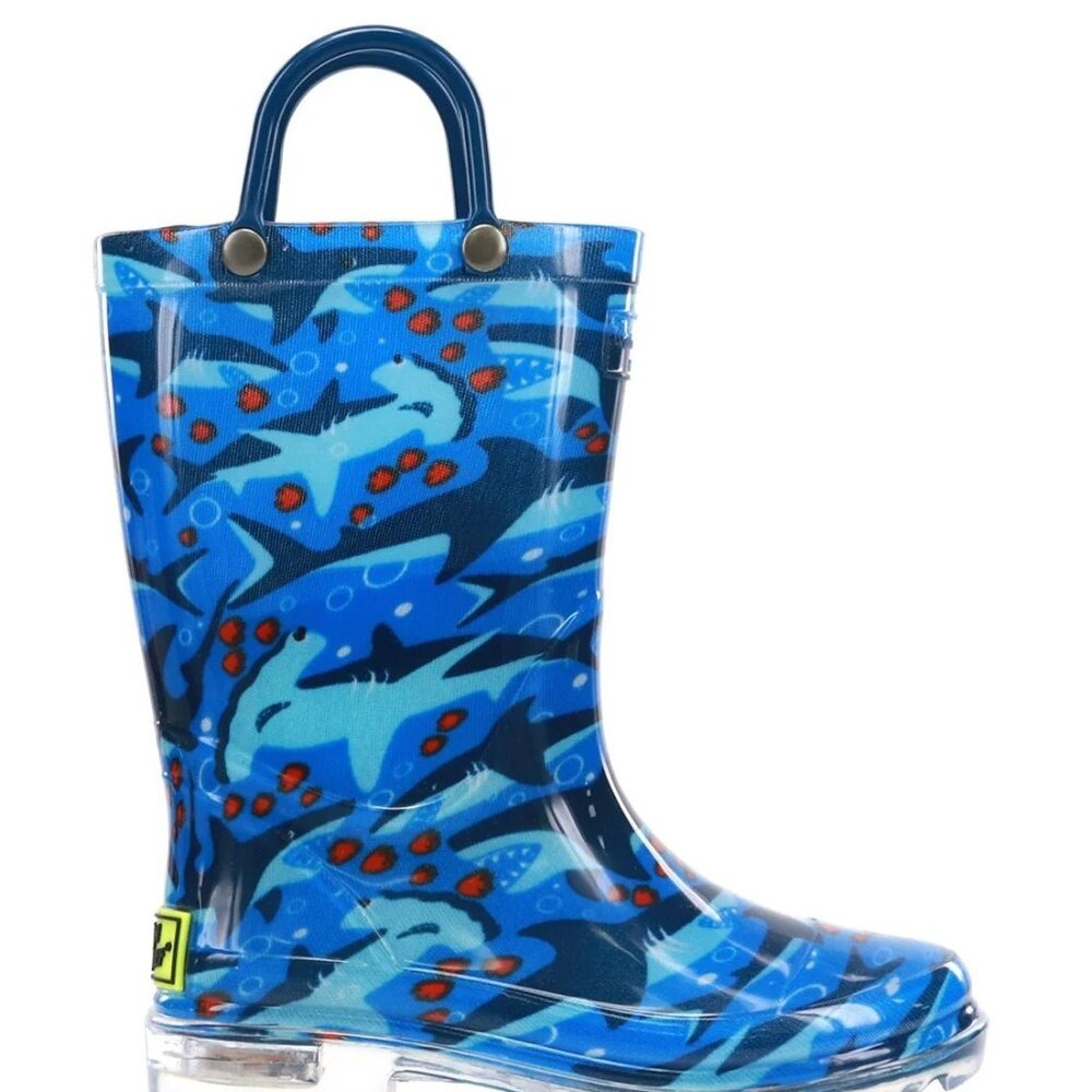 Western Chief Boy Blue Shark Chase Lighting Rubber Handle‎ Pull On Rain Boots 6